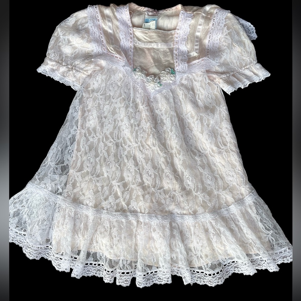 Vintage Jessica McClintock Gunne Sax Girls Pale Pink Dress, Lace Overlay, Sz 4